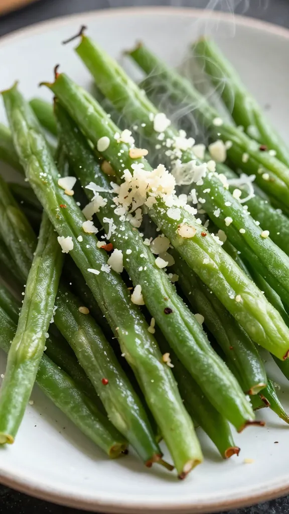 **Close-up of crispy green beans glistening with melted Parmesan and minced garlic, piled high on a rustic white plate, steam rising slightly to show they’re freshly cooked.**
