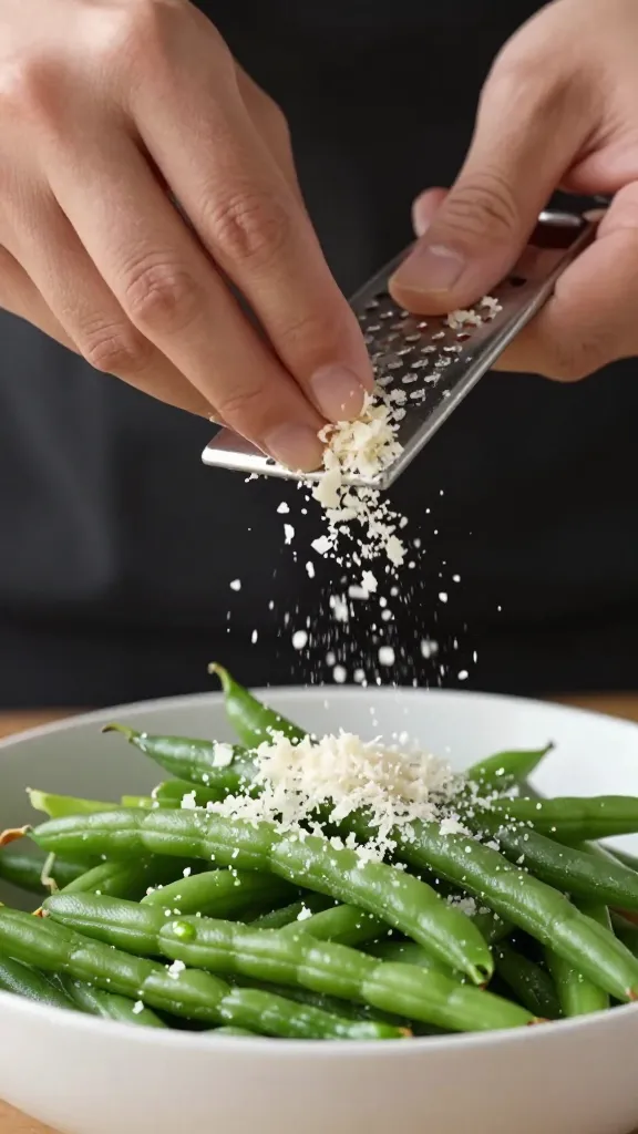 **Hands grating fresh Parmesan over a bowl of garlicky green beans, with flakes falling dramatically, showcasing texture and freshness.**
