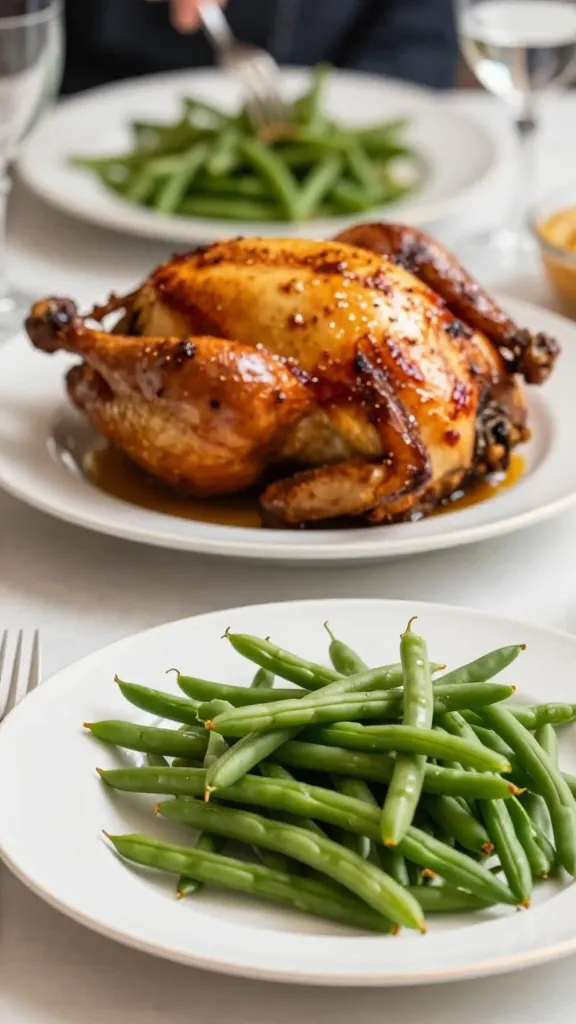**A family-style dining table with a main dish (like roasted chicken) pushed slightly aside, emphasizing the green beans as the star—fork marks visible where someone eagerly dug in.** Each prompt avoids text and focuses on vivid, appetizing details from the article.