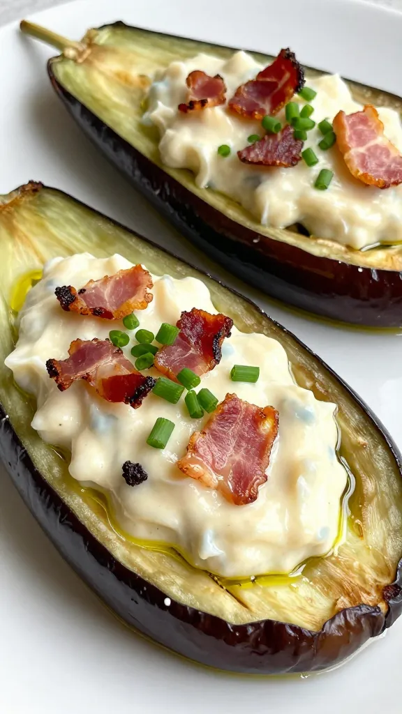 **Close-up of roasted eggplant halves, hollowed out and glistening with olive oil, filled with creamy clam chowder, topped with crispy bacon bits and fresh chives.**