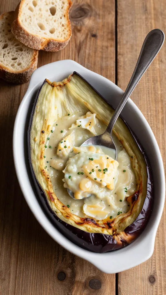 **Overhead shot of a rustic wooden table with a steaming baked eggplant boat, a spoon mid-dip into the chowder, and a side of crusty bread for contrast.**