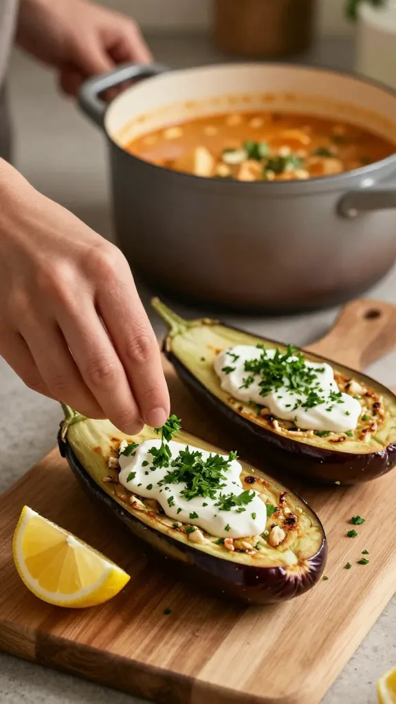 **Cozy kitchen scene with hands garnishing the eggplant boats—sprinkling parsley, drizzling cream, and placing a lemon wedge nearby—warm lighting and a pot of chowder in the background.**
