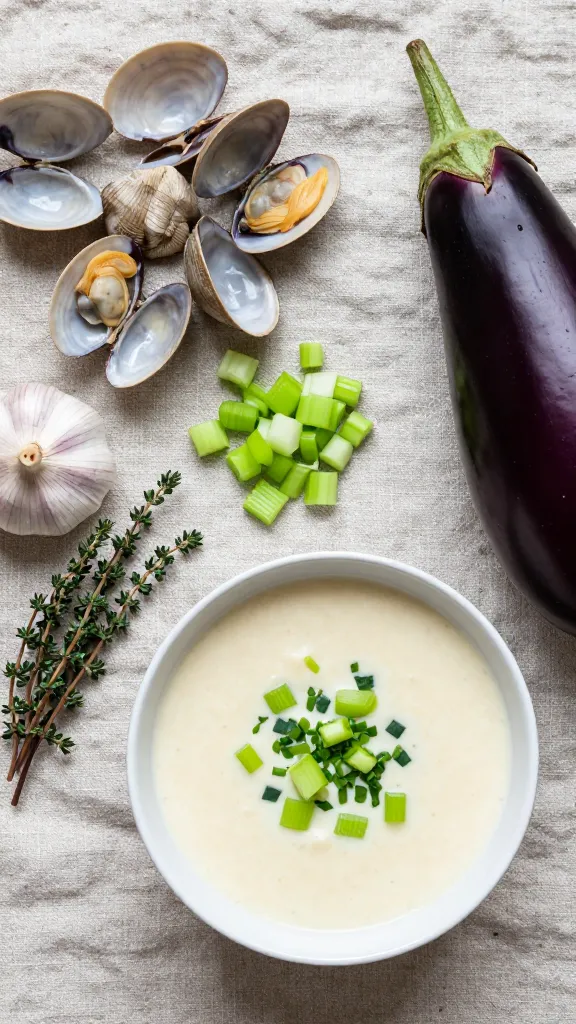 **Vibrant flat-lay with ingredients prepped for the recipe: fresh clams, diced celery, garlic, thyme sprigs, and a halved eggplant beside a bowl of creamy chowder, all on a textured linen cloth.** Each prompt emphasizes texture, color, and the dish’s comforting appeal.